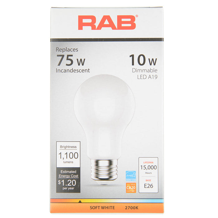 RAB LED Filament Lamp A19 10W 75W Equivalent 1100Lm E26 Base 90 CRI 2700K Dimmable Frosted (A19-10-E26-927-F-F)