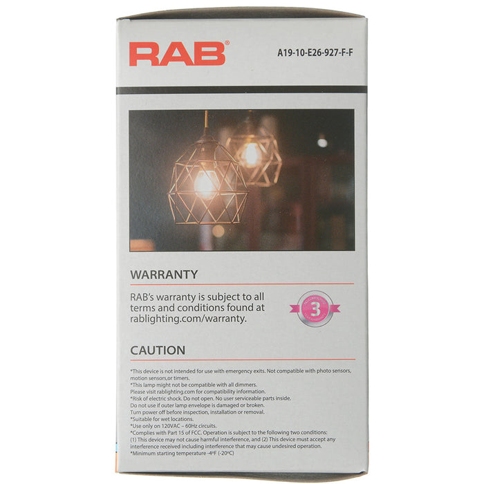 RAB LED Filament Lamp A19 10W 75W Equivalent 1100Lm E26 Base 90 CRI 2700K Dimmable Frosted (A19-10-E26-927-F-F)