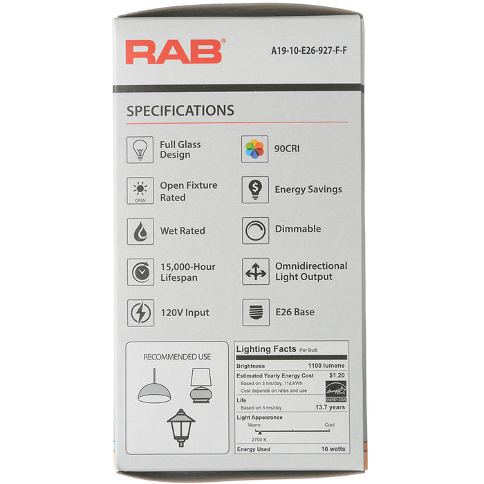 RAB LED Filament Lamp A19 10W 75W Equivalent 1100Lm E26 Base 90 CRI 2700K Dimmable Frosted (A19-10-E26-927-F-F)