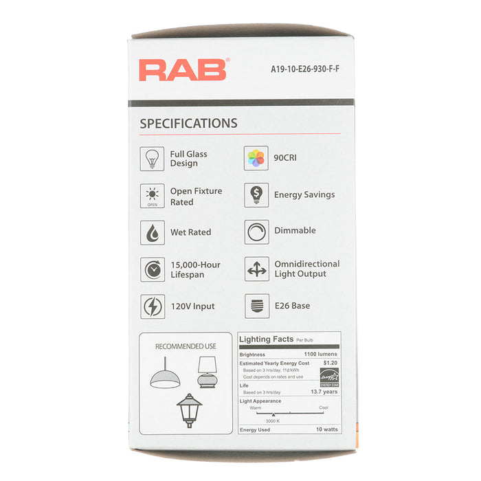 RAB LED Filament Lamp A19 10W 75W Equivalent 1100Lm E26 Base 90 CRI 3000K Dimmable Frosted (A19-10-E26-930-F-F)