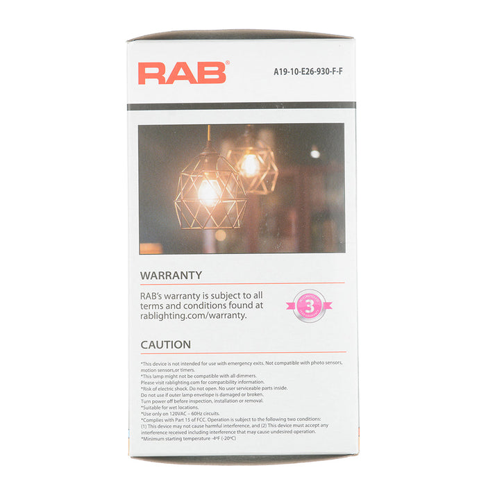 RAB LED Filament Lamp A19 10W 75W Equivalent 1100Lm E26 Base 90 CRI 3000K Dimmable Frosted (A19-10-E26-930-F-F)