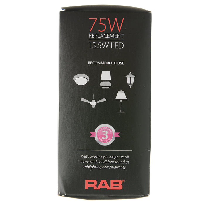RAB LED Bulb A19 13W 75W Equivalent 1100Lm E26 80 CRI 2700K Dimmable (A19-13-E26-827-DIM)