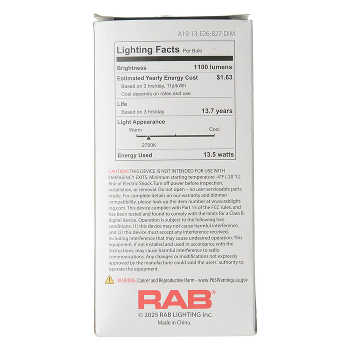 RAB LED Bulb A19 13W 75W Equivalent 1100Lm E26 80 CRI 2700K Dimmable (A19-13-E26-827-DIM)