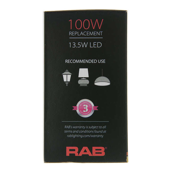 RAB LED Filament Lamp A19 13.5W 100W Equivalent E26 Base 1600Lm 90 CRI 3000K Dimmable Clear (A19-13-E26-930-F-C)