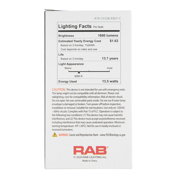 RAB LED Filament Lamp A19 13.5W 100W Equivalent E26 Base 1600Lm 90 CRI 3000K Dimmable Clear (A19-13-E26-930-F-C)