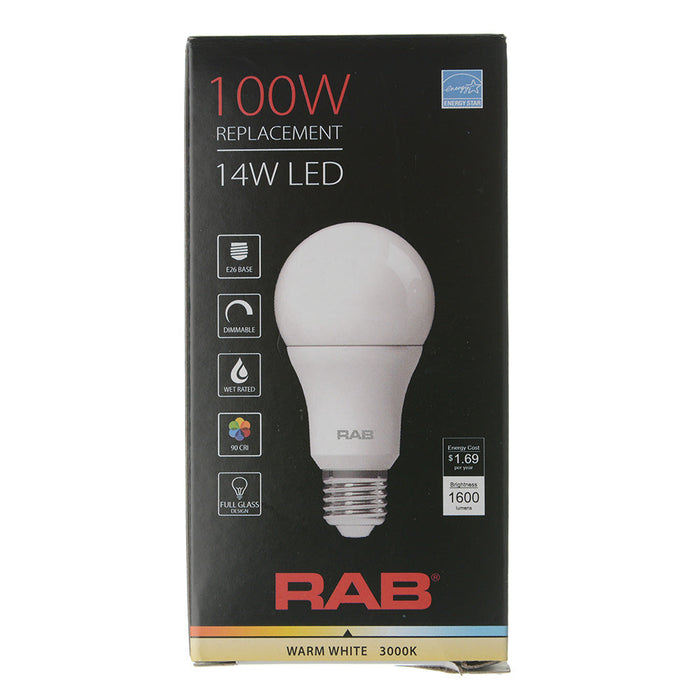 RAB LED Bulb A19 14W 100W Equivalent 1600Lm E26 Base 90 CRI 2200K-3000K Dimmable (A19-14-E26-922/30-WGD)