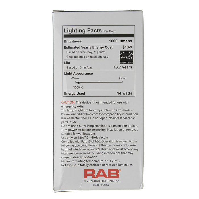 RAB LED Bulb A19 14W 100W Equivalent 1600Lm E26 Base 90 CRI 2200K-3000K Dimmable (A19-14-E26-922/30-WGD)