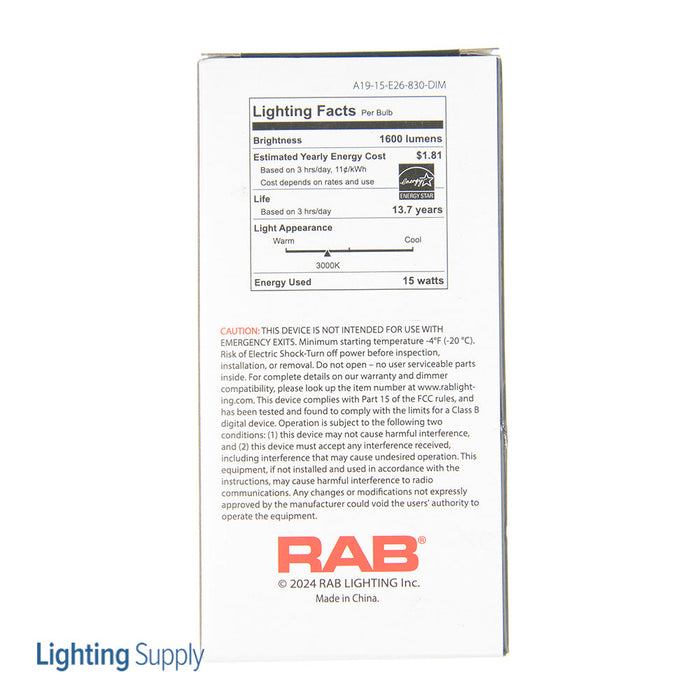 RAB LED Bulb A19 15.5W 100W Equivalent 1600Lm E26 80 CRI 3000K Dimmable (A19-15-E26-830-DIM)