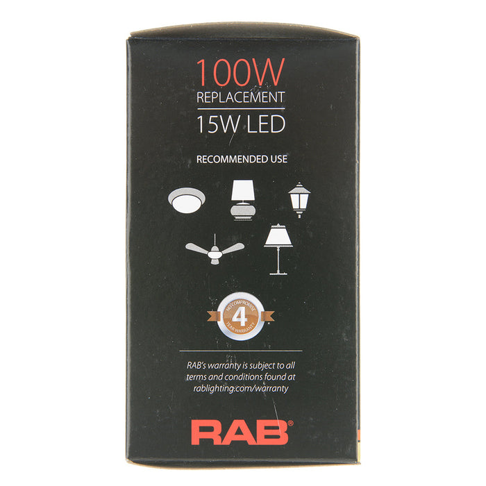 RAB LED Bulb A19 15W 100W Equivalent 1600Lm E26 Base 90 CRI 3000K Dimmable (A19-15-E26-930-DIM)