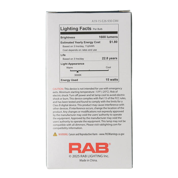 RAB LED Bulb A19 15W 100W Equivalent 1600Lm E26 Base 90 CRI 3000K Dimmable (A19-15-E26-930-DIM)