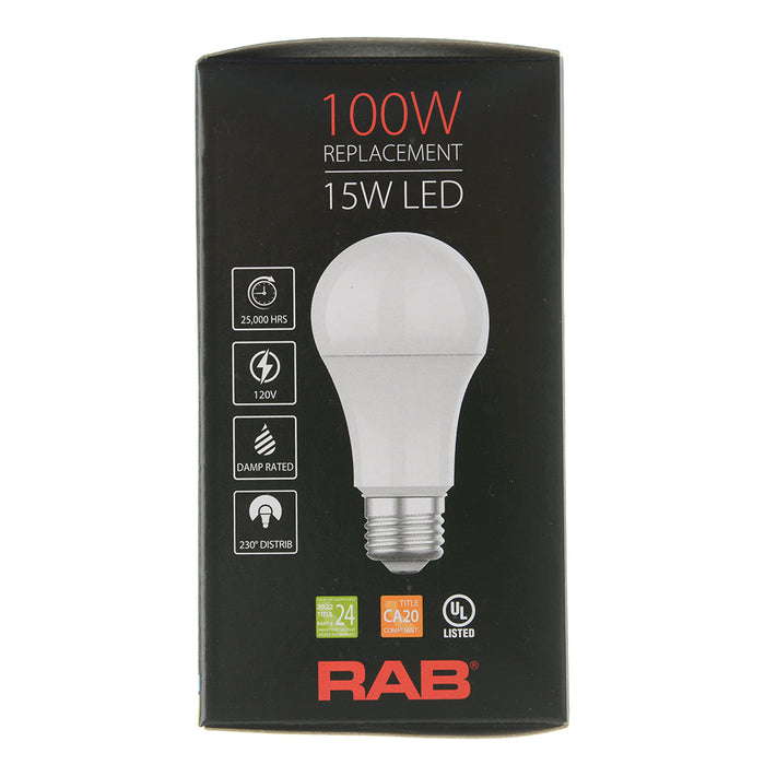 RAB LED Bulb A19 15W 100W Equivalent 1600Lm E26 Base 90 CRI 3000K Dimmable (A19-15-E26-930-DIM)