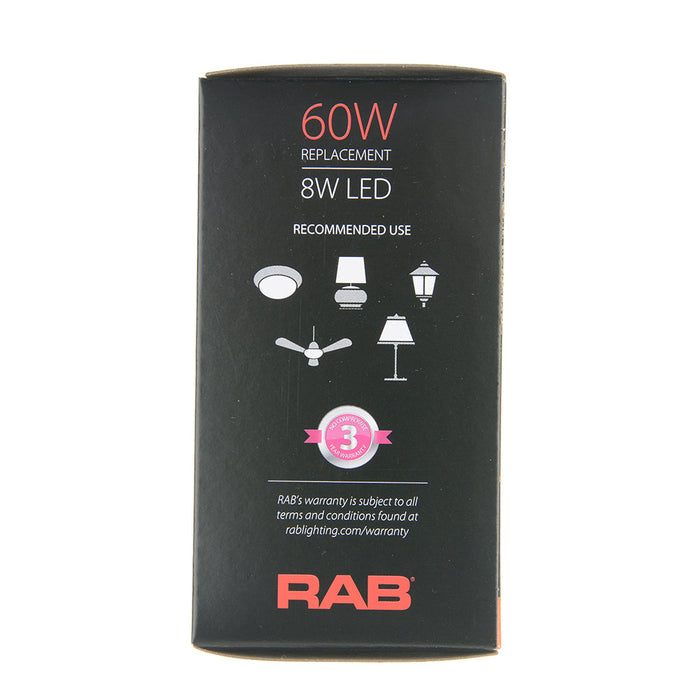 RAB 8W LED A19 Bulb CCT Selectable 2700K/3000K/3500K/4000K/5000K 90 CRI 120V E26 Base (A19-8-9CCT-DIM)