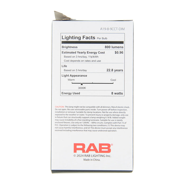 RAB 8W LED A19 Bulb CCT Selectable 2700K/3000K/3500K/4000K/5000K 90 CRI 120V E26 Base (A19-8-9CCT-DIM)