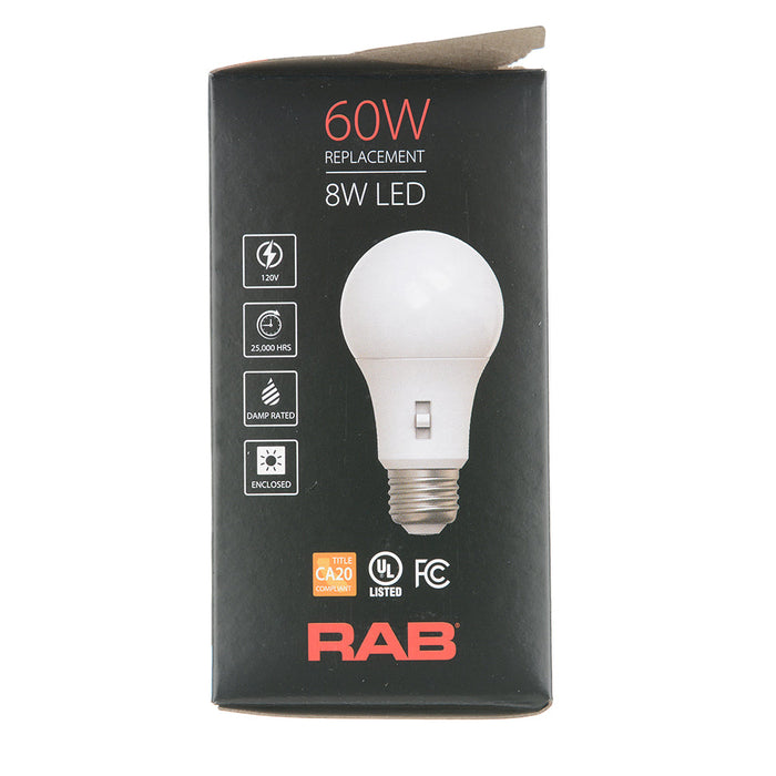 RAB 8W LED A19 Bulb CCT Selectable 2700K/3000K/3500K/4000K/5000K 90 CRI 120V E26 Base (A19-8-9CCT-DIM)
