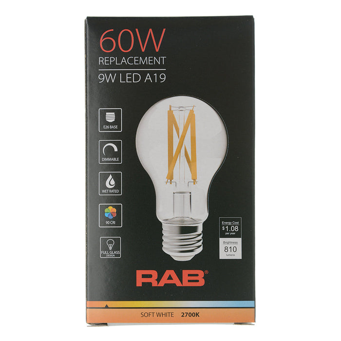RAB Filament A19 9W 60W Equivalent 810Lm E26 90 CRI 2700K Dimmable Clear (A19-9-E26-927-F-C)