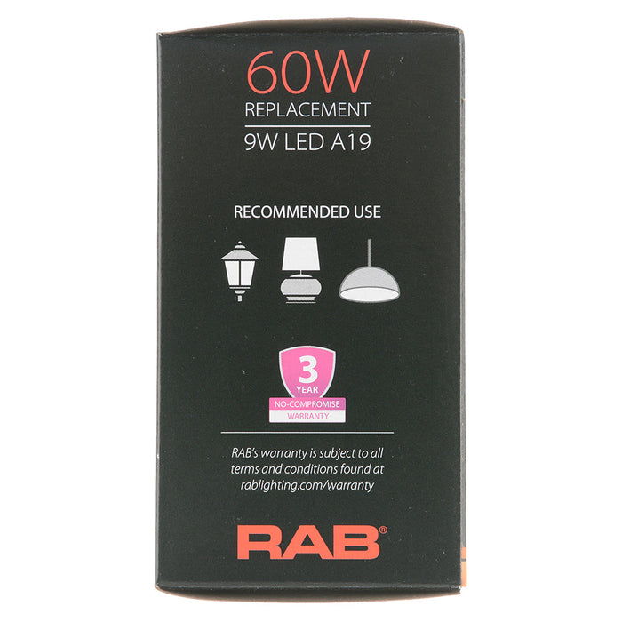 RAB Filament A19 9W 60W Equivalent 810Lm E26 90 CRI 2700K Dimmable Clear (A19-9-E26-927-F-C)