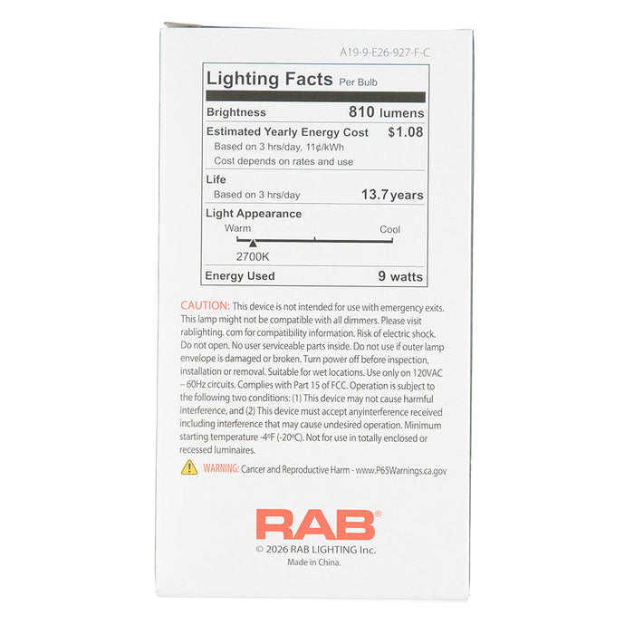 RAB Filament A19 9W 60W Equivalent 810Lm E26 90 CRI 2700K Dimmable Clear (A19-9-E26-927-F-C)