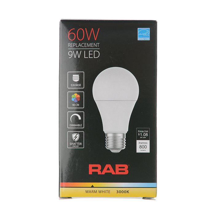 RAB LED Bulb A19 9.5W 60W Equivalent 800Lm E26 90 CRI 3000K Dimmable (A19-9-E26-930-DIM)
