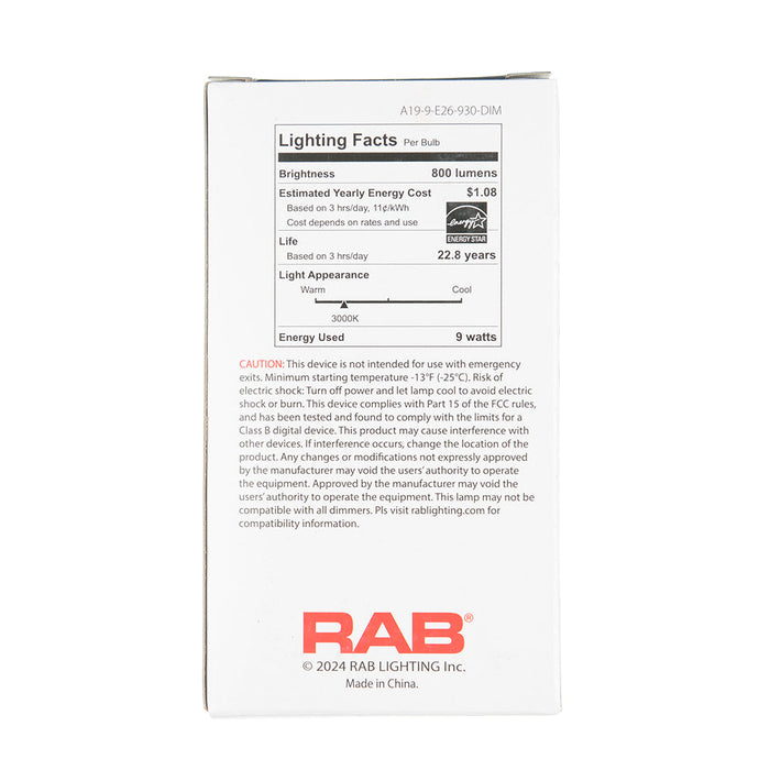 RAB LED Bulb A19 9.5W 60W Equivalent 800Lm E26 90 CRI 3000K Dimmable (A19-9-E26-930-DIM)