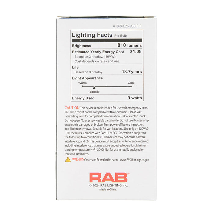 RAB LED Filament Lamp A19 9W 60W Equivalent 810Lm 3000K E26 Base 90 CRI Dimmable Frosted (A19-9-E26-930-F-F)