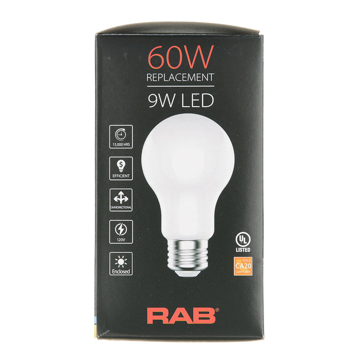 RAB LED Filament Lamp A19 9W 60W Equivalent 810Lm 3000K E26 Base 90 CRI Dimmable Frosted (A19-9-E26-930-F-F)