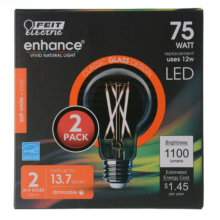 Feit Electric 12W Soft White 2700K A19 E26 Base Dimmable Clear Glass Enhance LED Filament Light Bulb 2-Pack (A1975CL927CA/FIL/2)