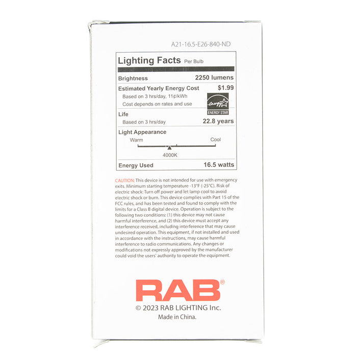 RAB A21 16.5W 125W Equivalent 2250Lm E26 80 CRI 4000K Non-Dimmable (A21-16.5-E26-840-ND)