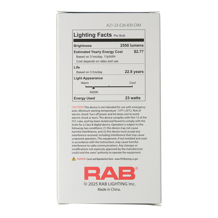 RAB LED A21 23W 150W Equivalent 2600Lm E26 Base 80 CRI 3000K Dimmable Plastic 120V (A21-23-E26-830-DIM)
