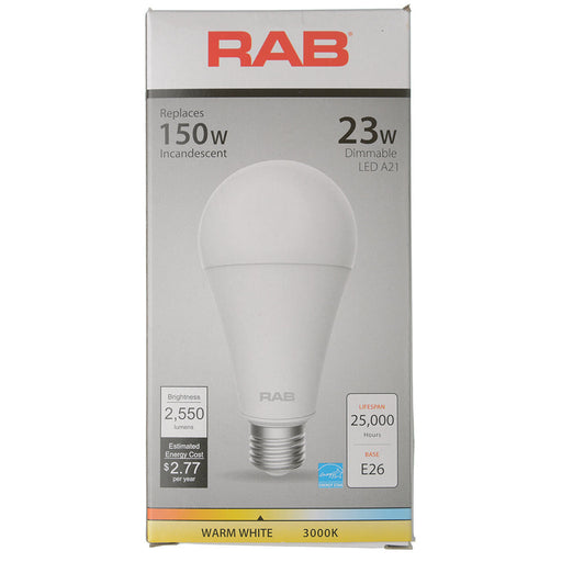 RAB LED A21 23W 150W Equivalent 2600Lm E26 Base 80 CRI 3000K Dimmable Diecast 120V (A21-23-E26-830-DIM 120V)