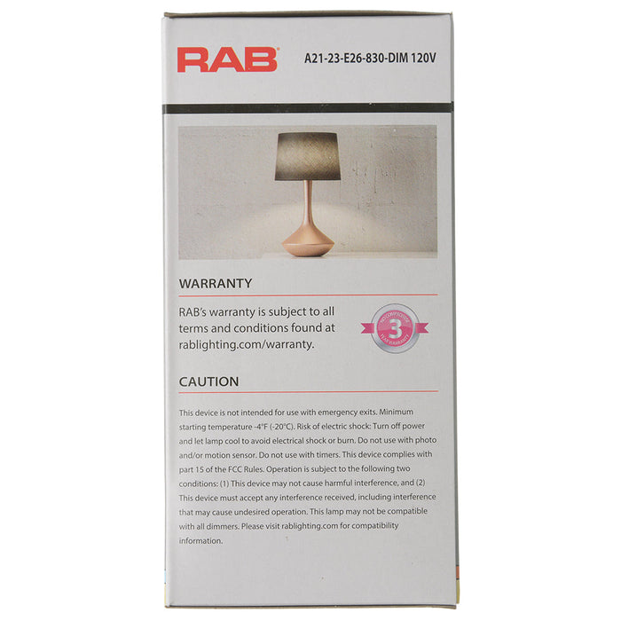 RAB LED A21 23W 150W Equivalent 2600Lm E26 Base 80 CRI 3000K Dimmable Diecast 120V (A21-23-E26-830-DIM 120V)