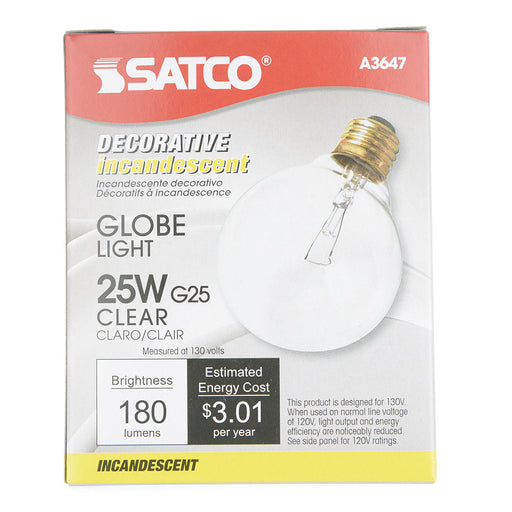SATCO/NUVO 25W G25 Incandescent Clear 3000 Hours 180Lm Medium Base 130V 2700K (A3647)