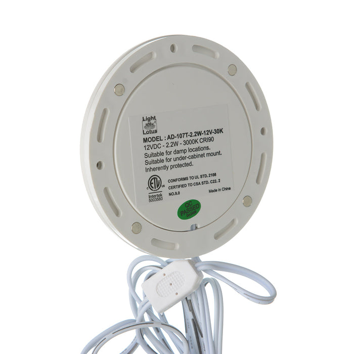 Lotus LED Lights Puck Light 3 Inch LED 2.2W 24V Dimmable 3000K 150Lm White Black And Brushed Nickel Trims 90 CRI (AD-107T-3K-24V)