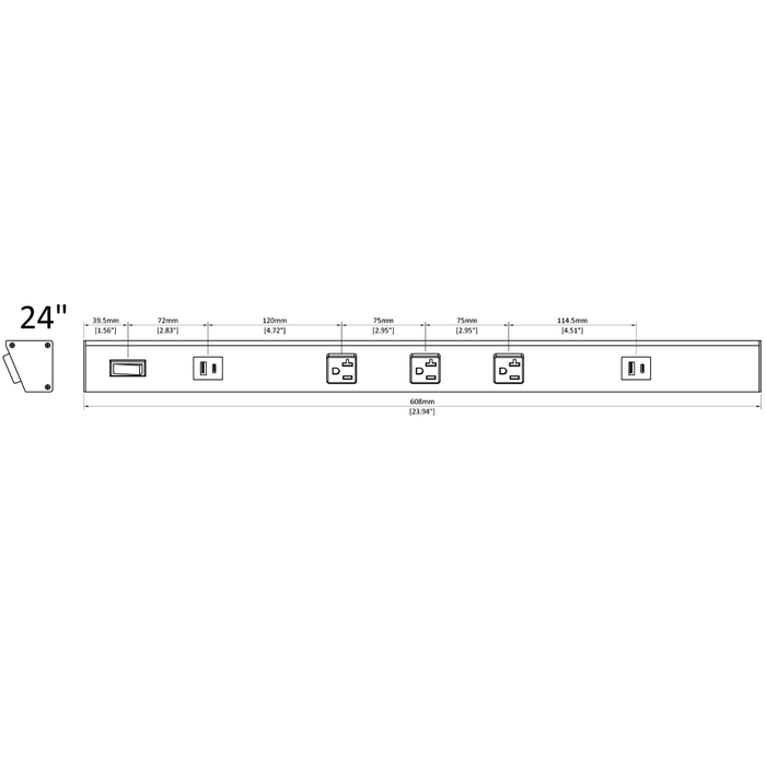 Atom Low Profile Power Strip With 3 Receptacles/2 USB Ports 120V 24 Inch Black