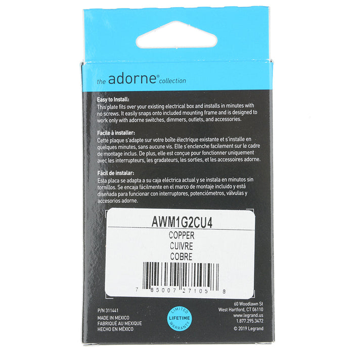 Pass and Seymour Adorne Copper 1-Gang Screwless Wall Plate Weatherproof  (AWM1G2CU4)