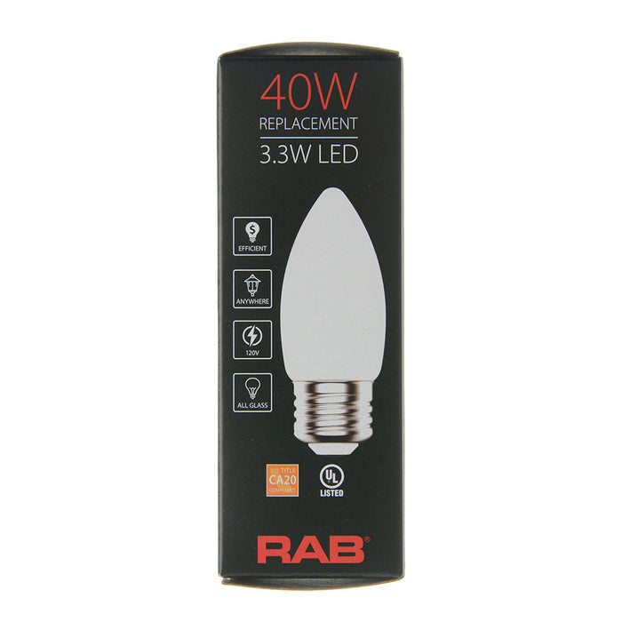 RAB Filament B11 3.3W 40W Equivalent 300Lm E26 90 CRI 2700K Dimmable Frosted (B11-3-E26-927-F-F)