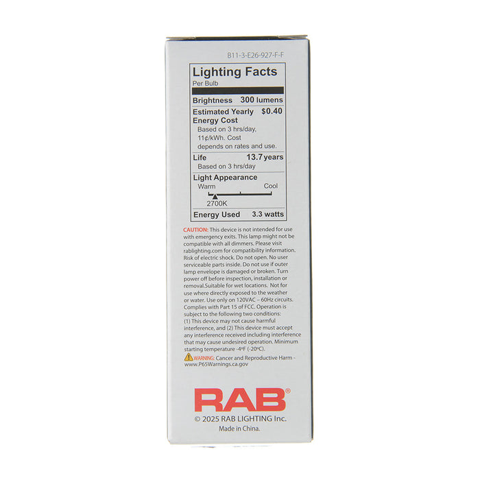 RAB Filament B11 3.3W 40W Equivalent 300Lm E26 90 CRI 2700K Dimmable Frosted (B11-3-E26-927-F-F)