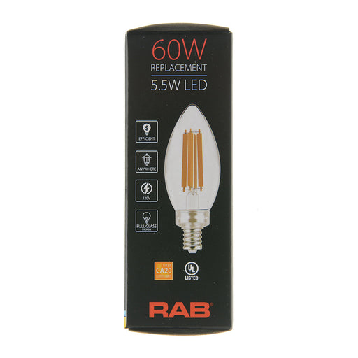 RAB Filament B11 Clear 5.5W 60W Equivalent 600Lm E26 90 CRI 3000K (B11-5-E12-930-F-C)