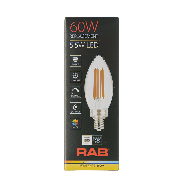 RAB Filament B11 Clear 5.5W 60W Equivalent 600Lm E26 90 CRI 3000K (B11-5-E12-930-F-C)