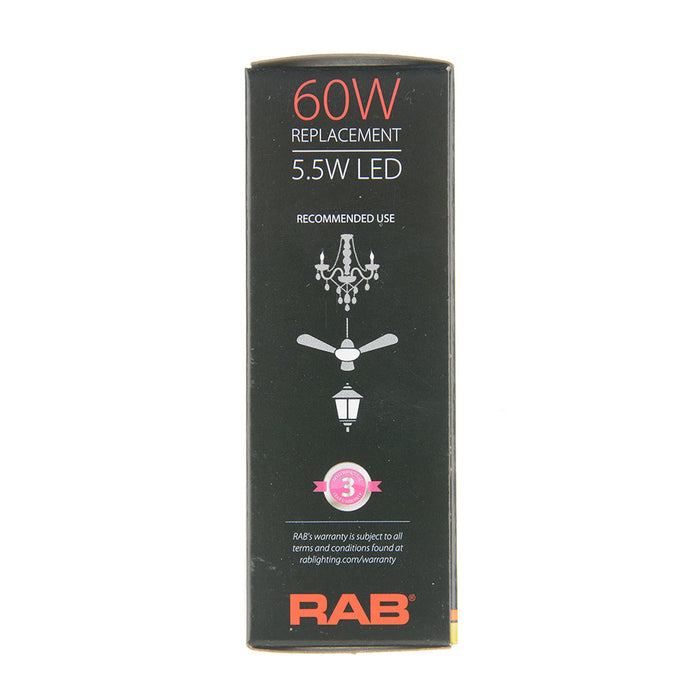 RAB Filament B11 Clear 5.5W 60W Equivalent 600Lm E26 90 CRI 3000K (B11-5-E12-930-F-C)
