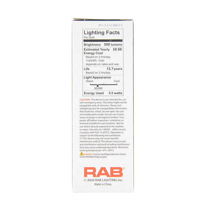 RAB Filament B11 Clear 5.5W 60W Equivalent 600Lm E26 90 CRI 3000K (B11-5-E12-930-F-C)