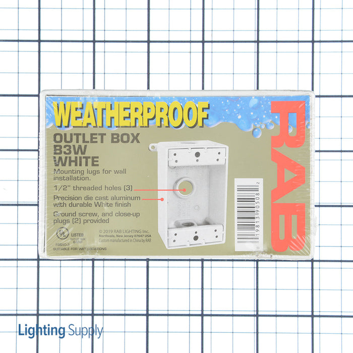 RAB Weatherproof Single Outlet 3 Hole Box 1/2 Inch White (B3W)