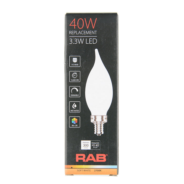 RAB Filament BA11 3.3W 40W Equivalent 300Lm E12 90 CRI 2700K Dimmable Frosted (BA11-3-E12-927-F-F)