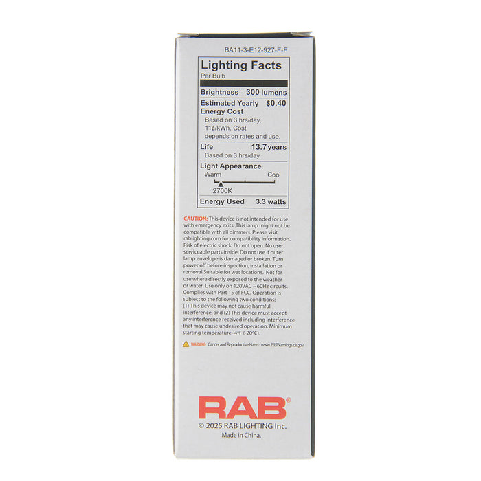RAB Filament BA11 3.3W 40W Equivalent 300Lm E12 90 CRI 2700K Dimmable Frosted (BA11-3-E12-927-F-F)