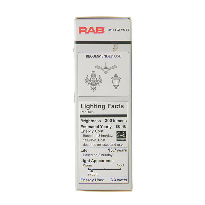 RAB Filament BA11 5.5W 60W Equivalent 500Lm E26 90 CRI 2700K Dimmable Frosted (BA11-5-E26-927-F-F)