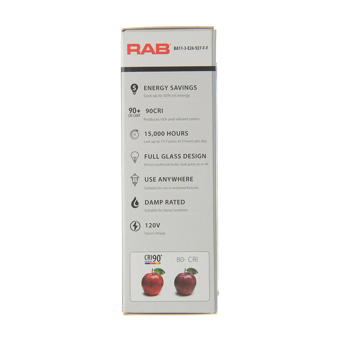 RAB Filament BA11 5.5W 60W Equivalent 500Lm E26 90 CRI 2700K Dimmable Frosted (BA11-5-E26-927-F-F)