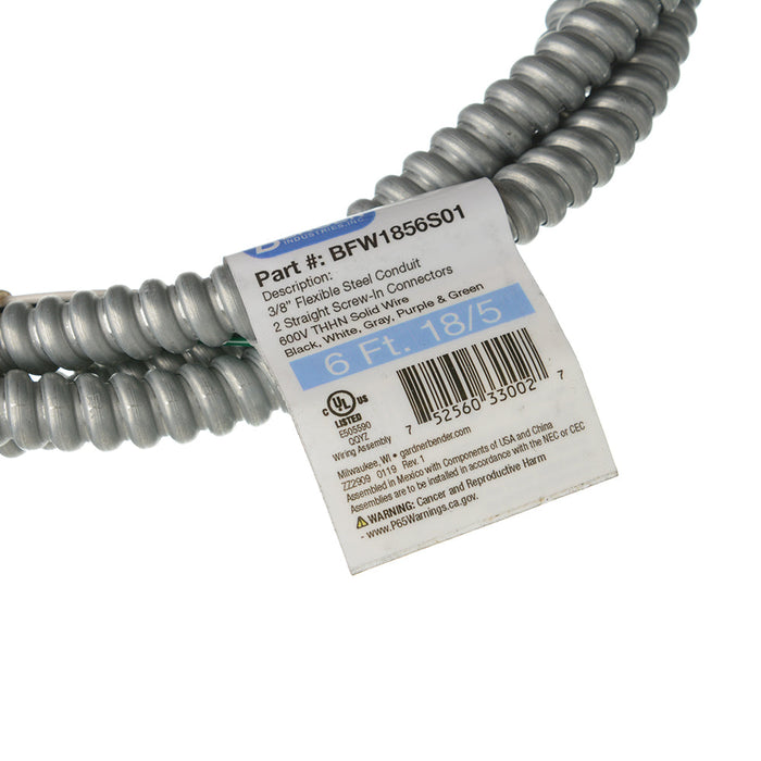 Bergen Fixture Whip 6 Foot 18/5 Solid Steel Screw-In (BFW1856S01)