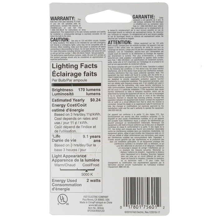 Feit Electric 2W [20W Equivalent] Daylight 5000K G8 Bi-Pin Base T4 Replacement Dimmable Capsule Specialty LED Light Bulb (BP20G8/850/LED)