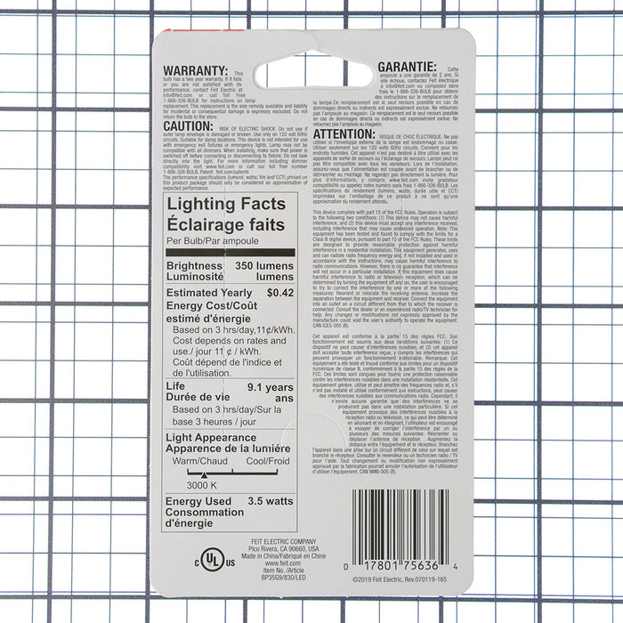 Feit Electric 3.5W [35W Equivalent] Warm White 3000K G9 Base T4 Dimmable Specialty LED Bulb (BP35G9/830/LED)