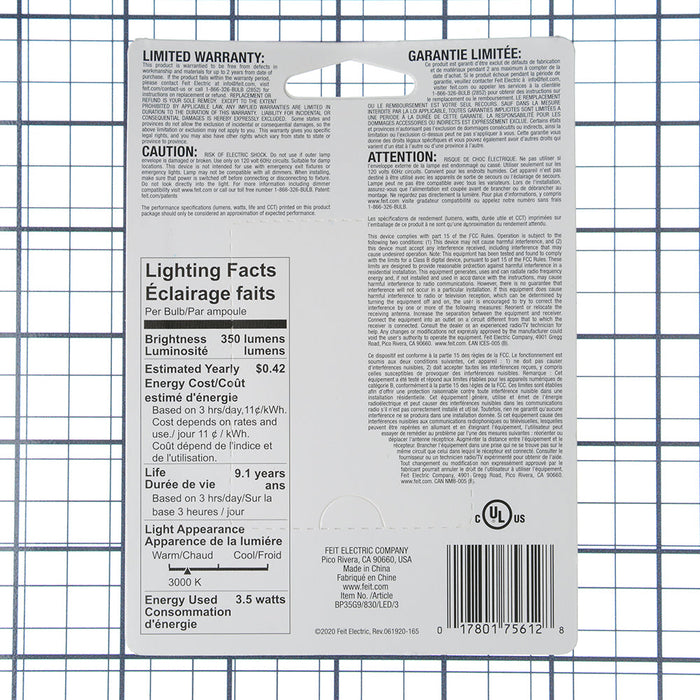 Feit Electric 3.5W Warm White 3000K G9 Base T4 Dimmable Specialty LED Bulb 3-Pack (BP35G9/830/LED/3)