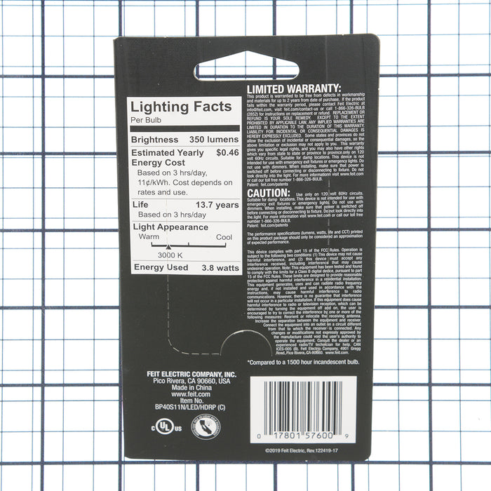 Feit Electric 3.8W [40W Equivalent] Warm White 3000K E17 Base S11 Specialty LED Bulb 6-Pack (BP40S11N/LED/HDRP/6)